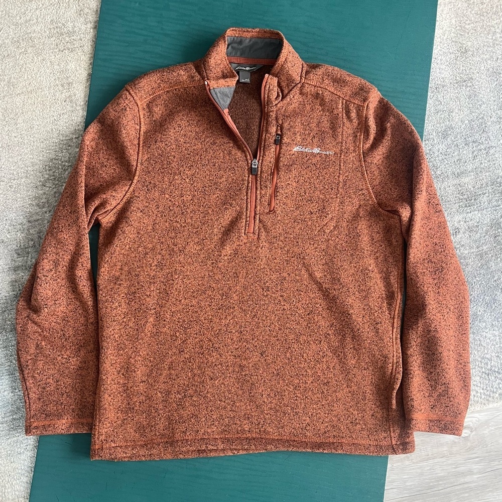 Eddie Bauer Mens L Fleece 1/4 Zip Pullover Jacket Dark Orange Rust Long Sleeve